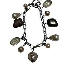 Chunky Charm Bracelet Silver Tone Faux‎ Pearl Crystal Stones Toggle Clasp Womens